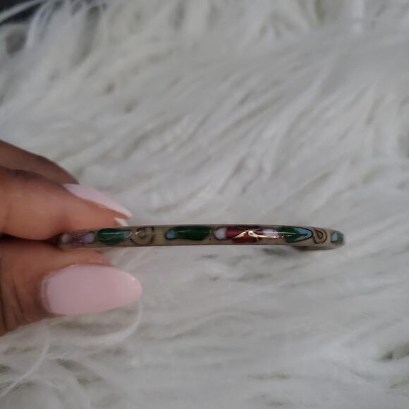 Vintage Thin Cloisonne Slide-On Floral Pattern Bangle Bracelet - Picture 5 of 7